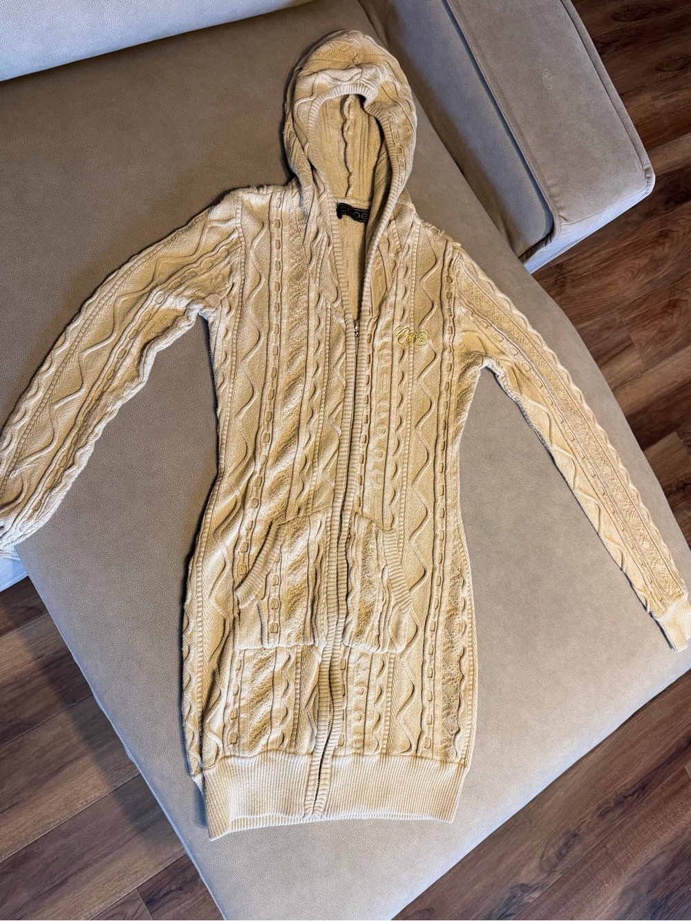 COOGI Cable Knit Hooded Sweater Dress Size L Cream Full Zip Long Cardigan